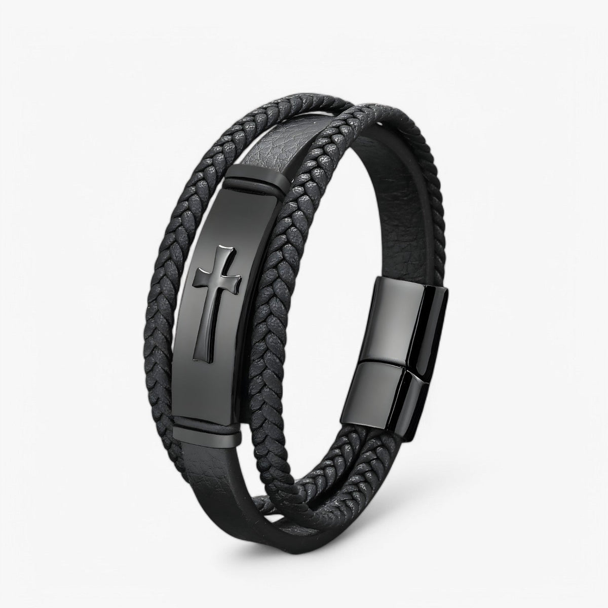 Geweven leren armband met kruisdetail, zwart en goud