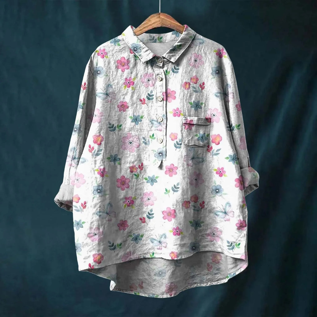 Floral Print Button-Down Blouse with High-Low Hem