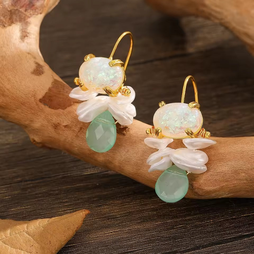Vintage-Style Blue Stone and Pearl Cluster Earrings