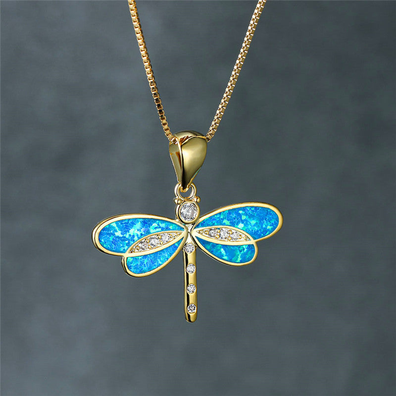 Gold-Tone Dragonfly Necklace with Opal-Look Stone
