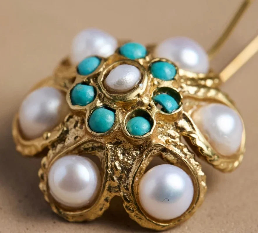 Brincos com Cacho de Pérolas e Turquesa Estilo Vintage