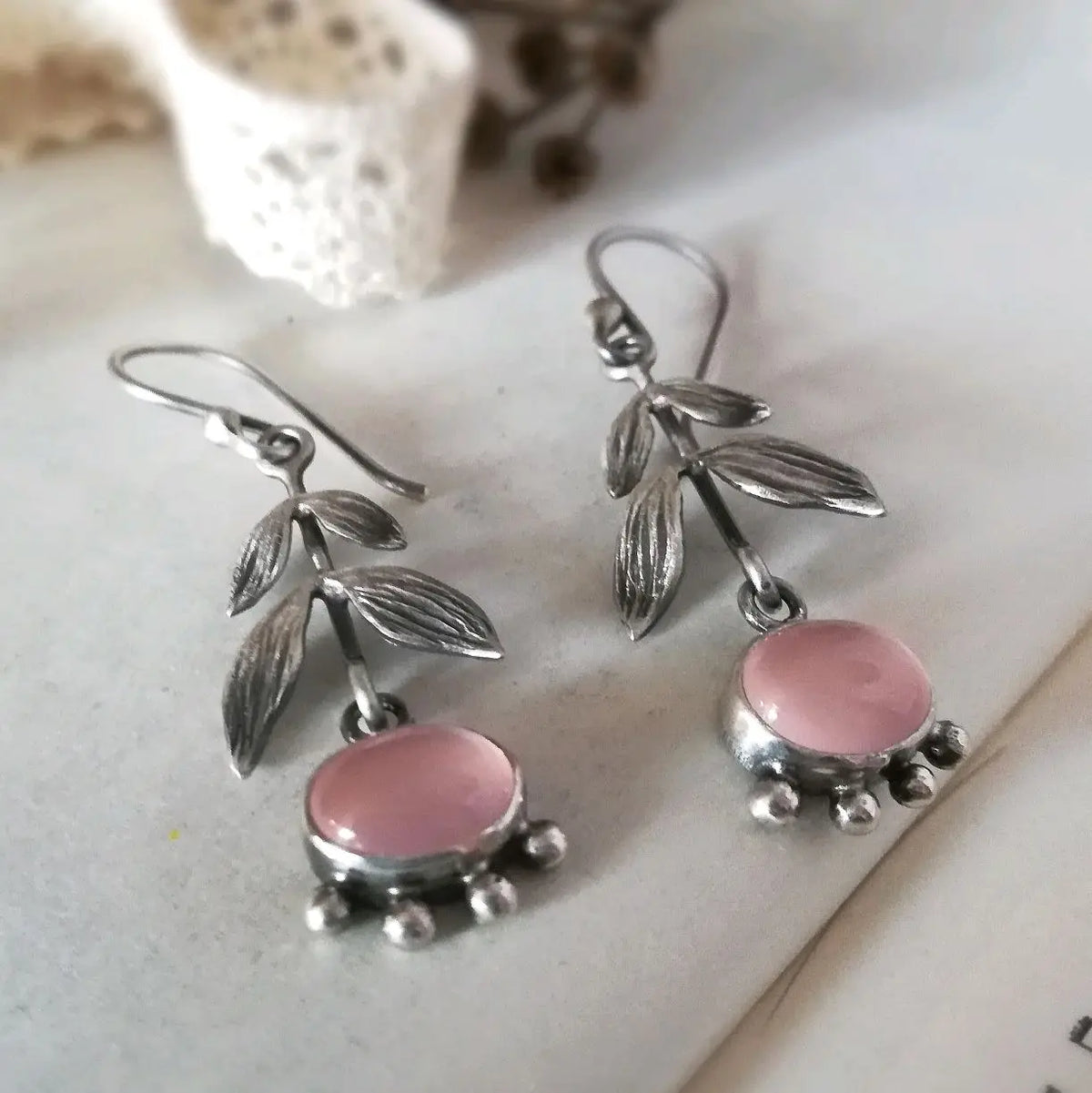 Leafy Rose Quartz Drop Earrings in Two Shades