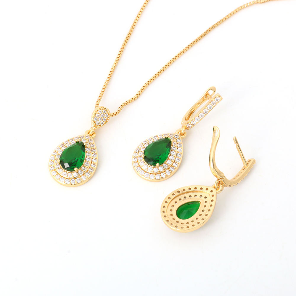 Green Pear Stone Pendant and Earrings Set