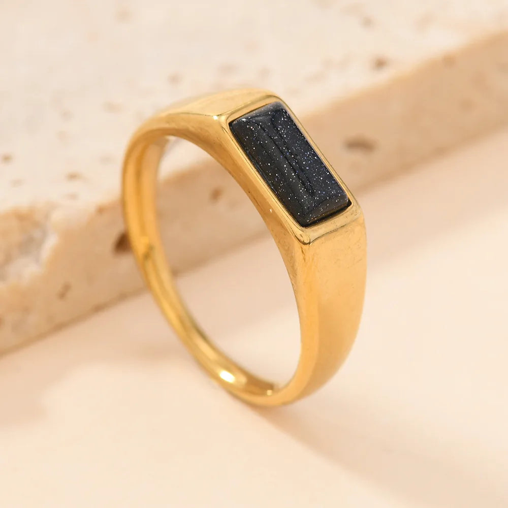 Sleek Rectangular Gemstone-Look Gold-Tone Ring