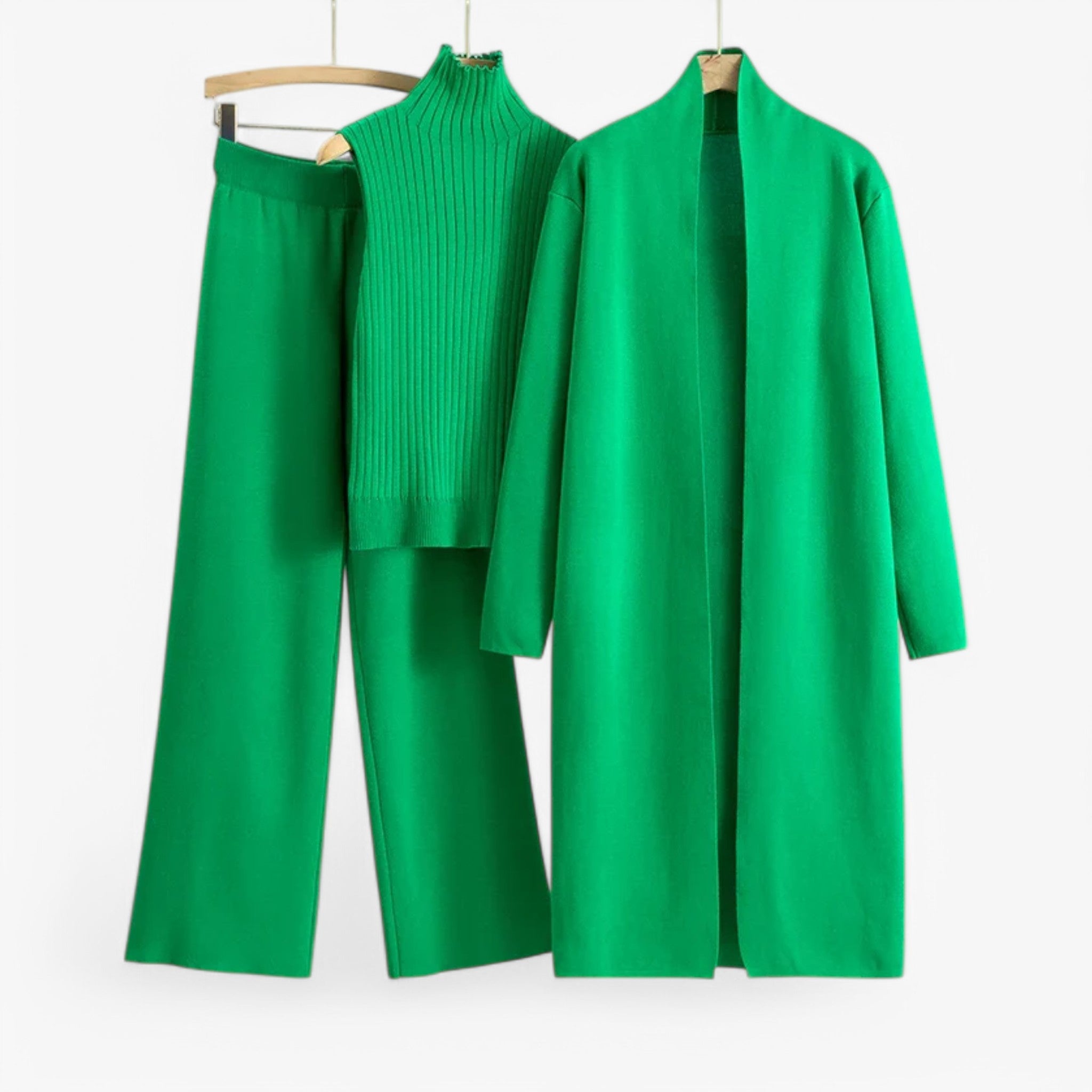 Three-Piece Knit Set with Top, Cardigan and Matching Trousers