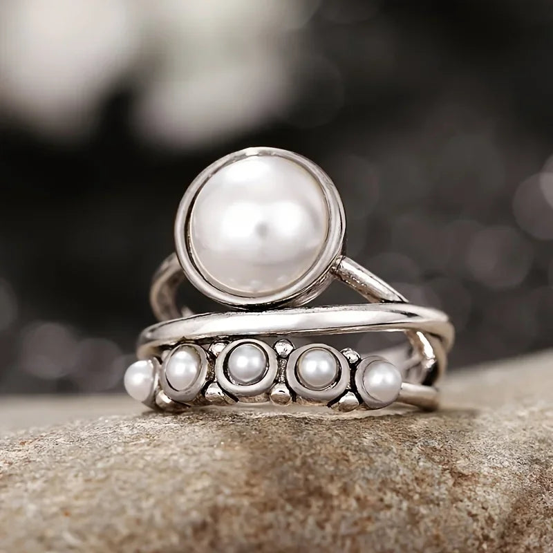 Classic Pearl and Silver-Tone Multi-Band Ring