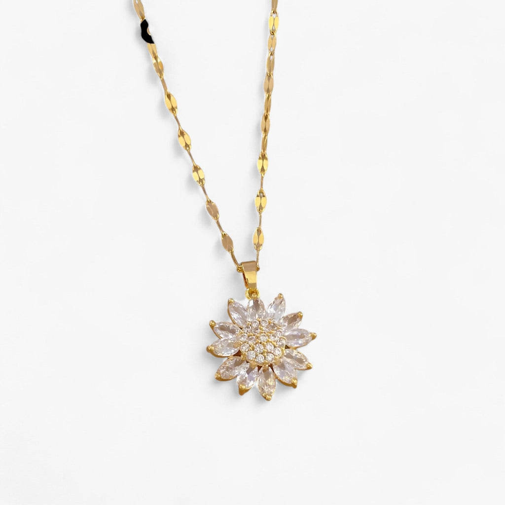 Flower Pendant Necklace with Zirconia, 316L Steel