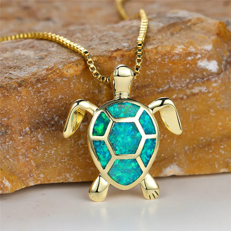 Vintage Fire Opal-Look Turtle Pendant Necklace