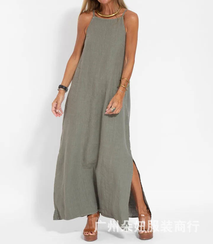 Linen Sleeveless Strappy Side-Slit Maxi Dress