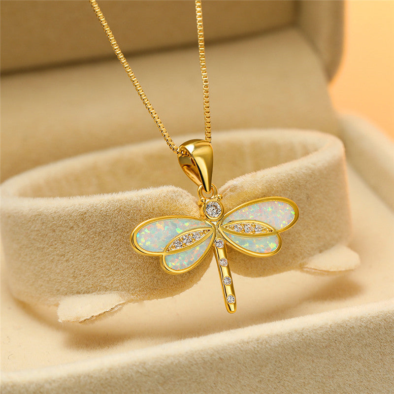 Gold-Tone Dragonfly Necklace with Opal-Look Stone