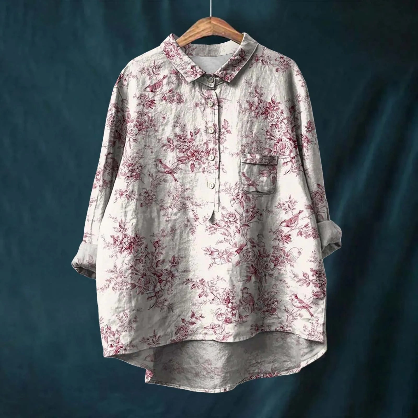 Floral Print Button-Down Blouse with High-Low Hem