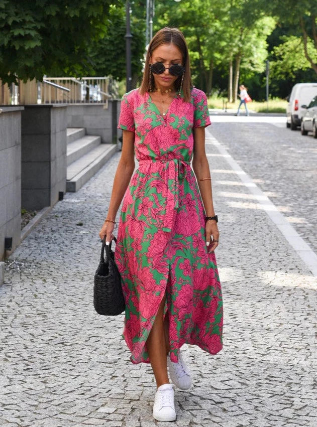 Wrap Front Tie Waist Short Sleeve Maxi Dress