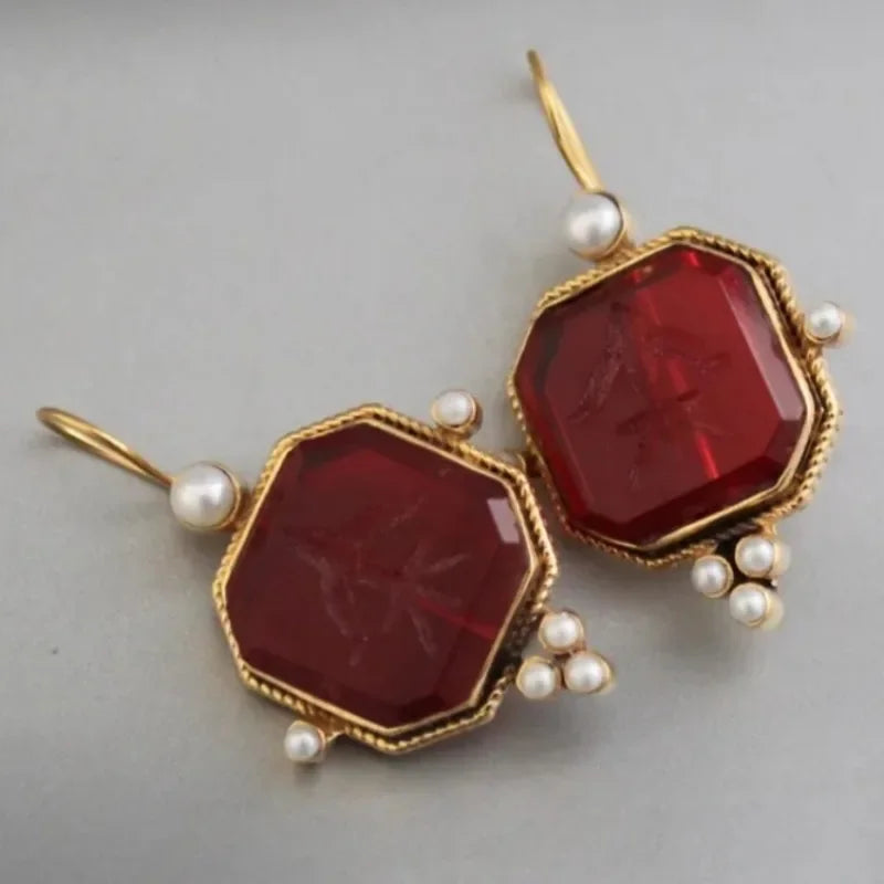 Brincos Pendentes com Pendente Geométrico de Pérola Estilo Vintage