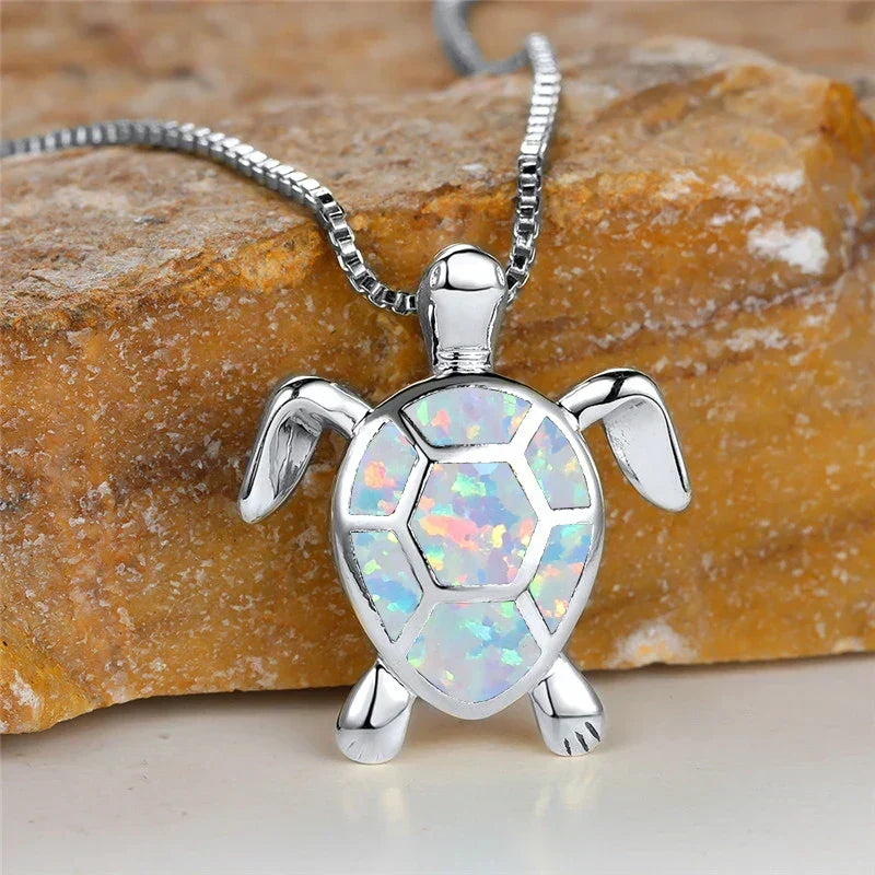 Vintage Fire Opal-Look Turtle Pendant Necklace