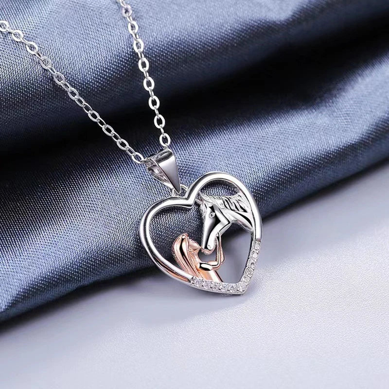 Heart Zircon Girl and Horse Necklace