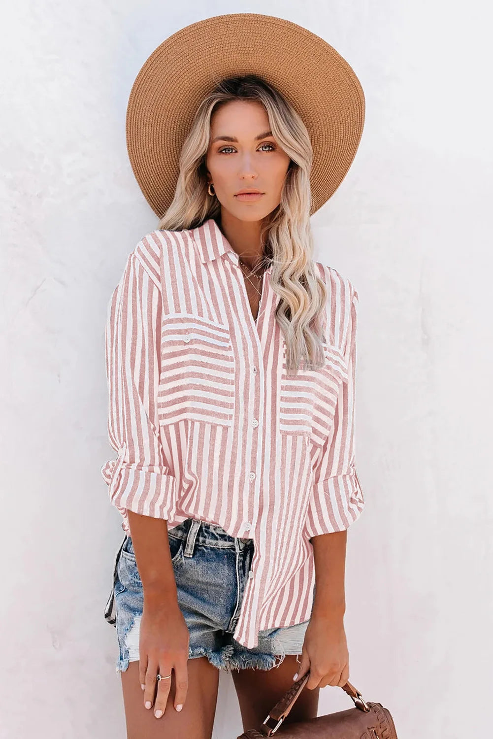 Striped Button-Front Blouse with Chest Pockets