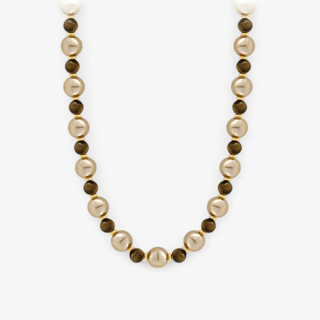 Tiger's Eye and Champagne Pearl Necklace, Gold-Tone