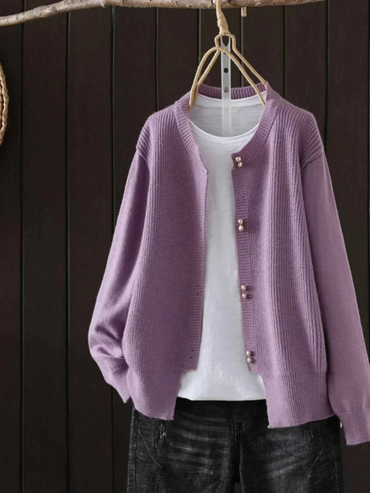 Pearl-Button Cardigan with a Classic Round Neckline