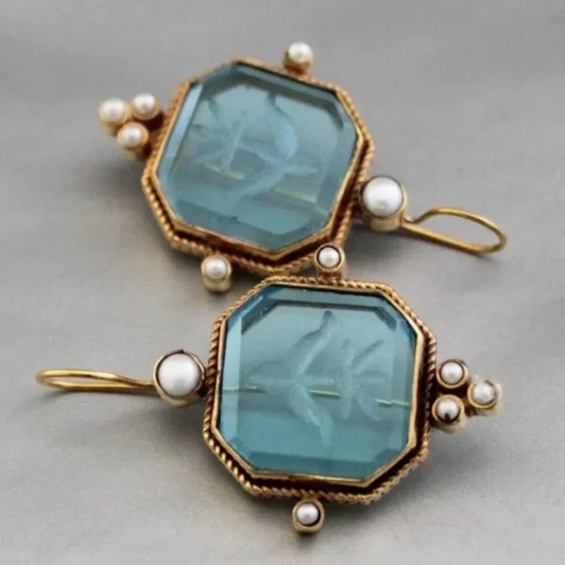 Vintage-Style Geometric Pearl Pendant Drop Earrings