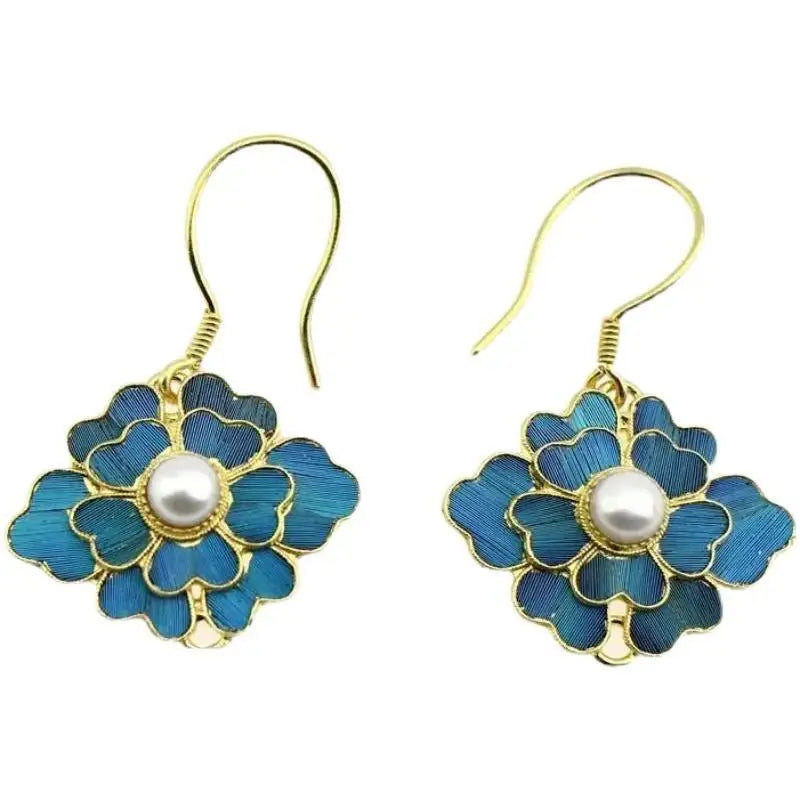 Vintage-Style Blue Enamel Flower and Pearl Drop Earrings