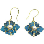 Vintage-Style Blue Enamel Flower and Pearl Drop Earrings