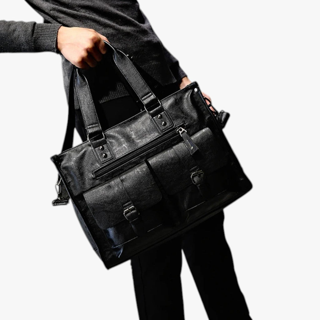 Zwarte PU-leren laptopschoudertas voor werk en reizen