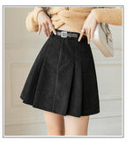 High-Waisted Pleated Corduroy Skirt with Matching Belt
