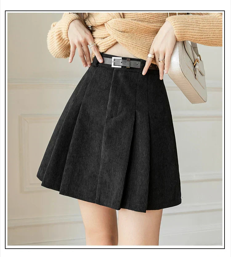 High-Waisted Pleated Corduroy Skirt with Matching Belt