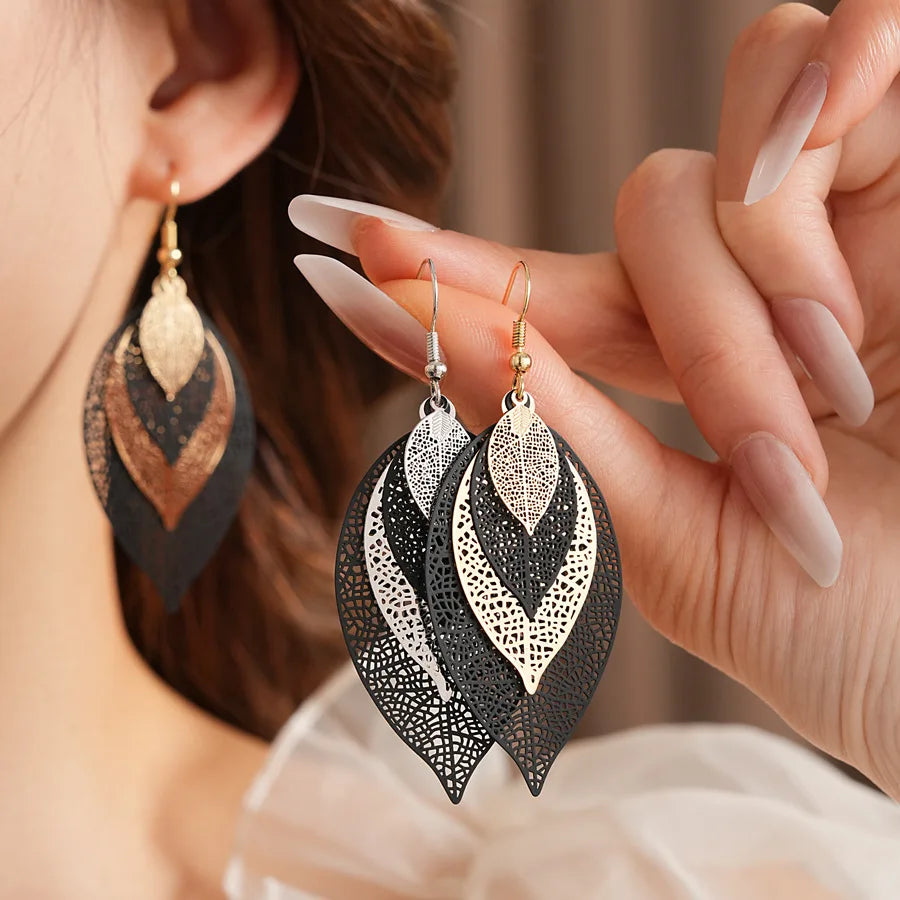 Black Filigree Leaf Earrings in Two Metal Tones