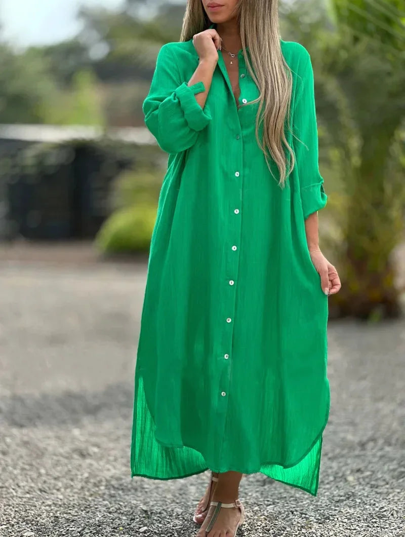 Button-Front Collared Long Sleeve Shirt Maxi Dress