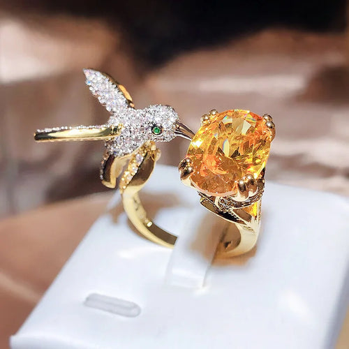 Adjustable 14K Gold-Plated Hummingbird Ring with Zircon