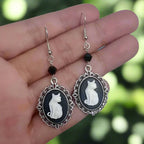 Vintage-Style White Cat Drop Earrings with Silver-Tone Frame