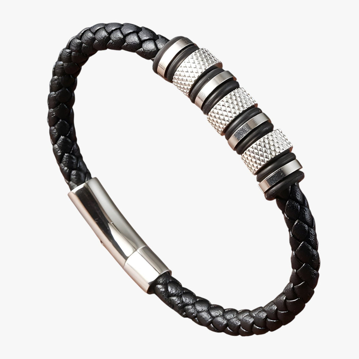Braided Leather Bracelet with Steel Bead Detail