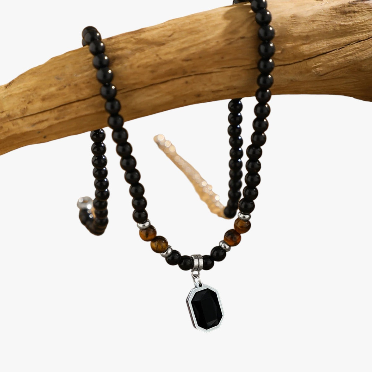 Black Beaded Necklace with Square Pendant