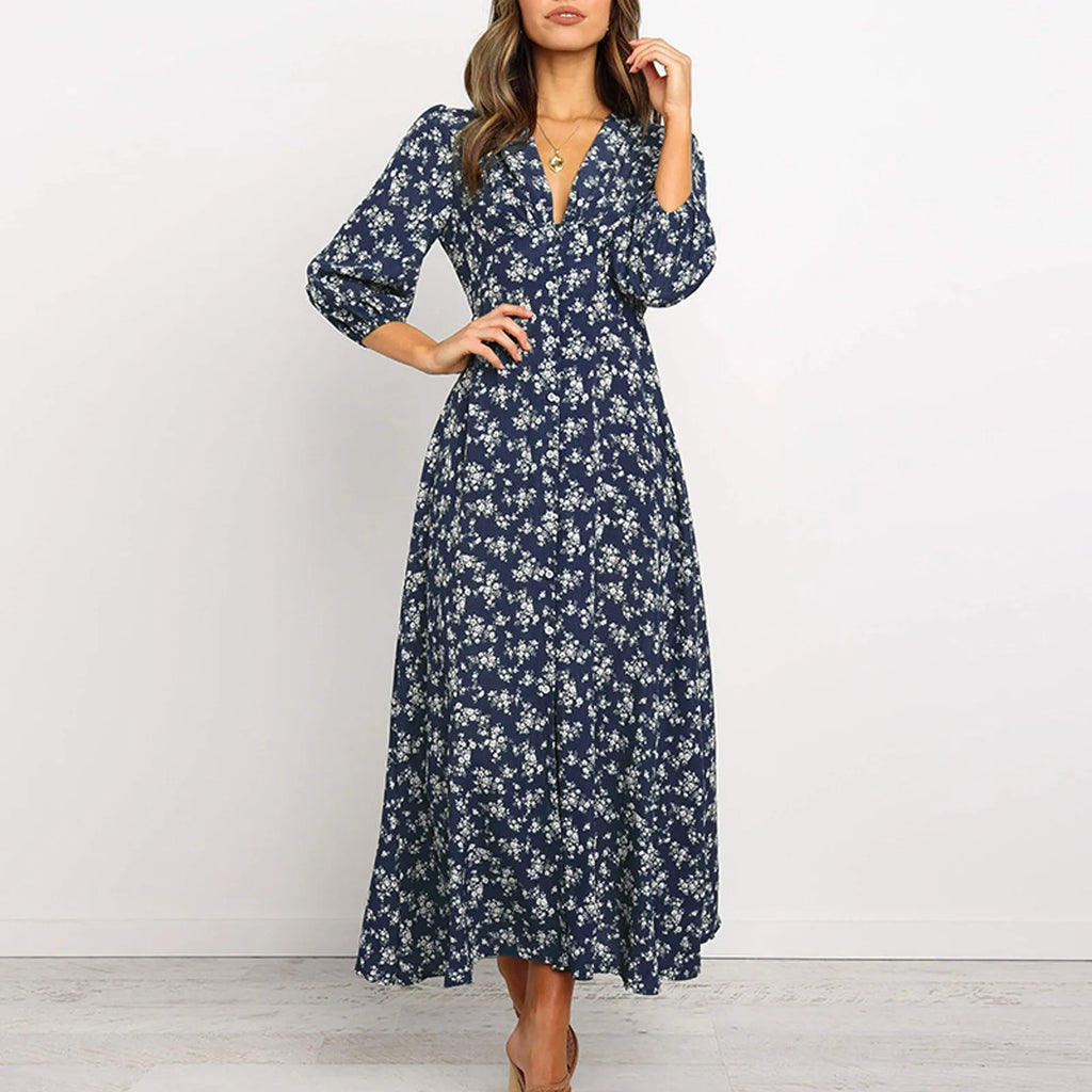 All-Over Floral Print Long Sleeve Maxi Dress