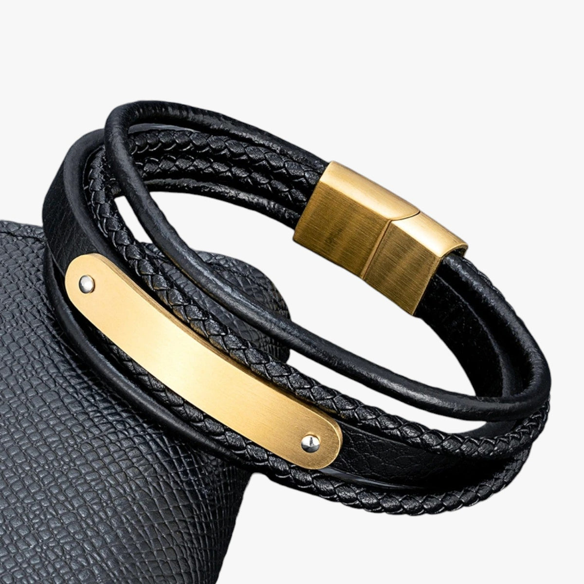 Leather Bracelet with Engraved Stainless Steel Plate