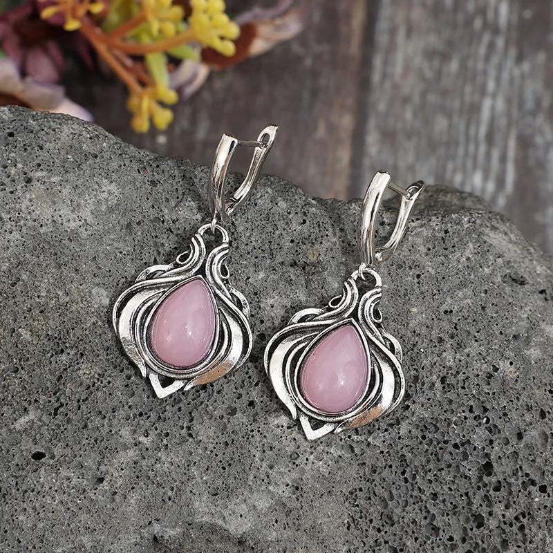 Vintage Victorian-Style Water Droplet Earrings with Pink Stones