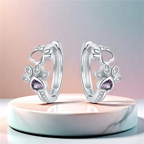 925 Sterling Silver Paw Huggie Earrings with Zirconia and Heart