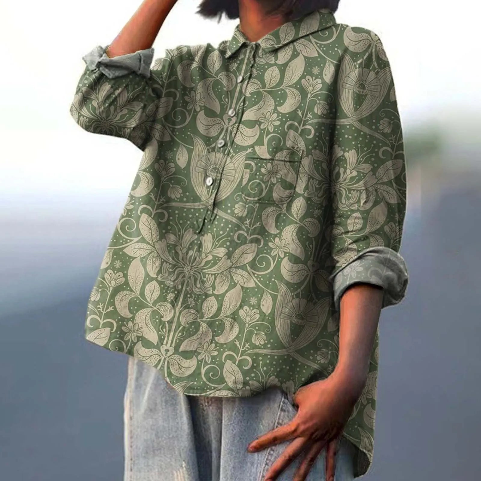 Floral Print Button-Down Blouse with High-Low Hem