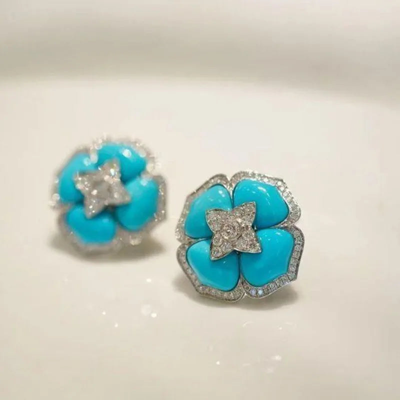 Silver-Tone Turquoise Flower Earrings