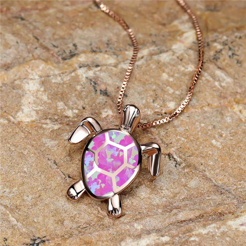 Vintage Fire Opal-Look Turtle Pendant Necklace