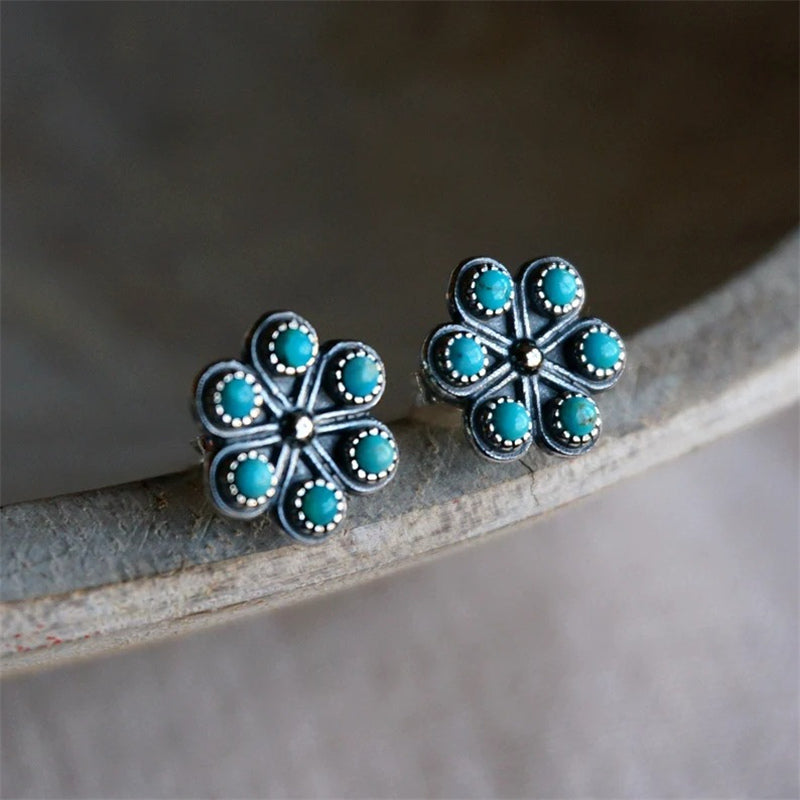 Blue Flower Stud Earrings with Turquoise-Look Dots