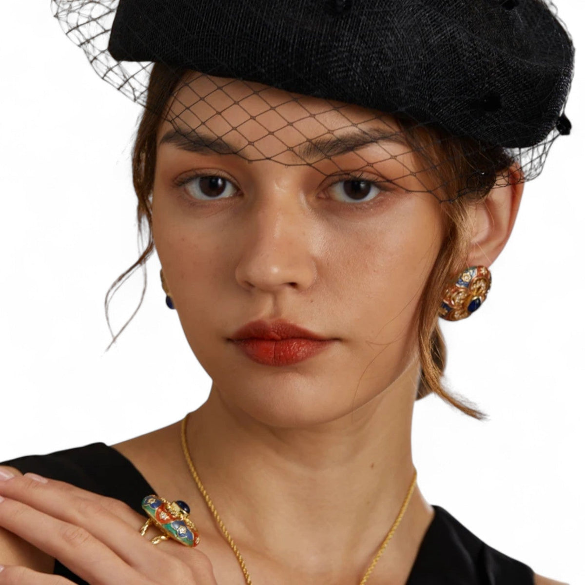 Gold-Plated Vintage Earrings with Coloured Enamel