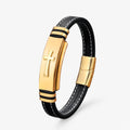 Geweven leren armband met kruisdetail, zwart en goud
