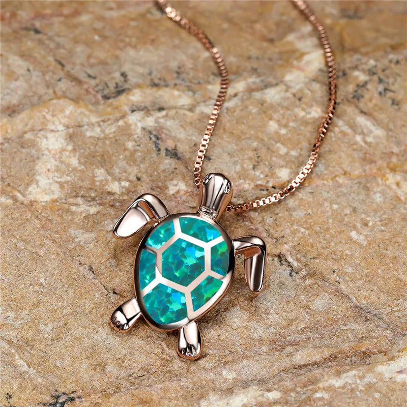 Vintage Fire Opal-Look Turtle Pendant Necklace