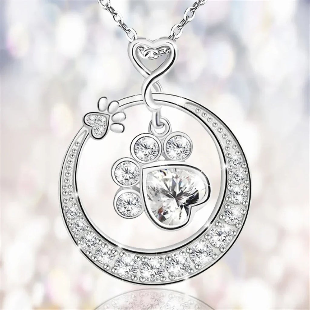 925 Sterling Silver Paw Print Necklace with Cubic Zirconia