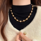Tiger's Eye and Champagne Pearl Necklace, Gold-Tone