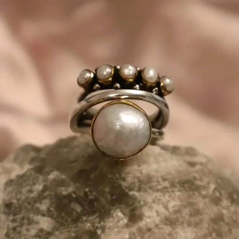 Silver-Tone Pearl Stacking Ring Set