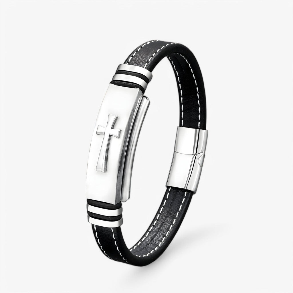 Geweven leren armband met kruisdetail, zwart en goud