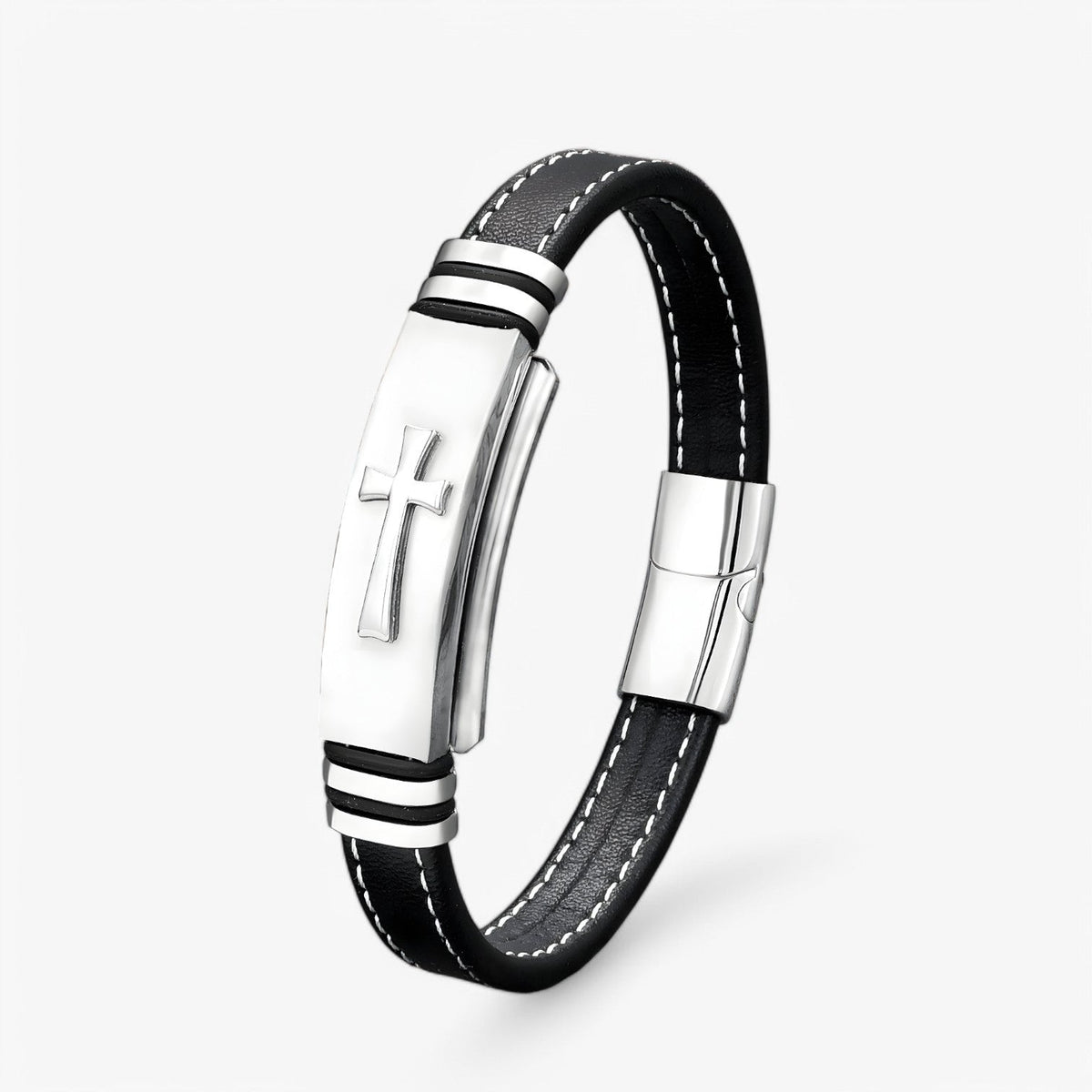 Geweven leren armband met kruisdetail, zwart en goud